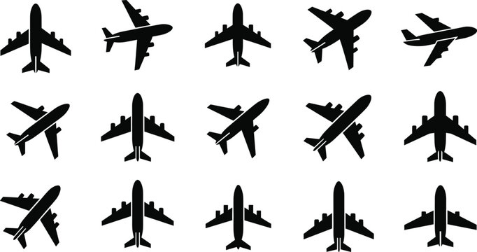 Airplane silhouette collection, aviation angles, aircraft icons, top view, side view, black plane shapes, flight symbols, vector illustration, transport graphics