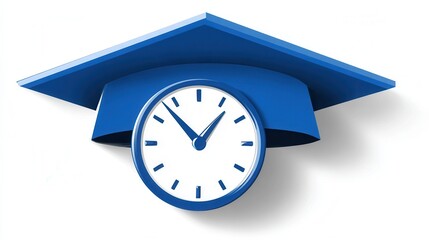 A blue graduation cap integrated with a clock, representing education and time management. Ideal for academic themes and motivational content.