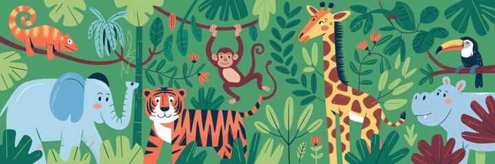 Obraz premium Jungle animals cartoon vector, tropical forest wildlife illustration, kids nature education art, colorful fauna, monkey elephant tiger giraffe toucan