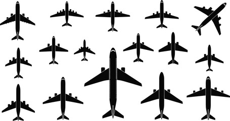 Black airplane silhouettes collection, aviation icons, commercial aircraft top view, flight design elements, isolated jet shapes, white background graphic
