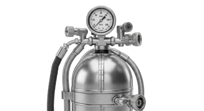 Close-up of a pressure gauge and tank industrial equipment.