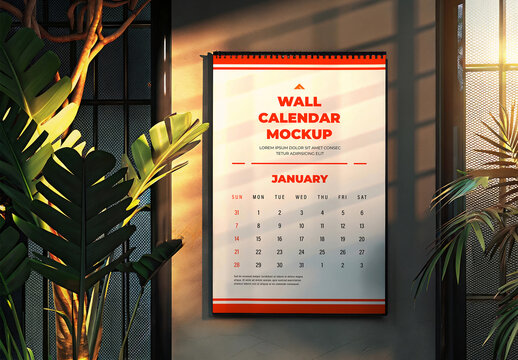 Vertical Wall Calendar Mockup Hanging Next to a Textured Wall and Rock