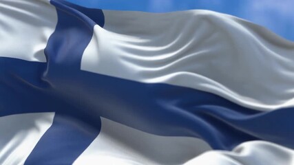 Finland flag waving proudly against a clear blue sky, a symbol of national pride and identity, perfect for travel blogs and cultural content