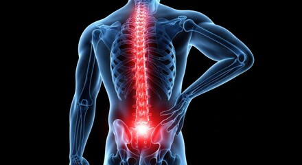 Human body with glowing red spine and lower back pain, highlighting the anatomy and potential health issues related to back problems and discomfort