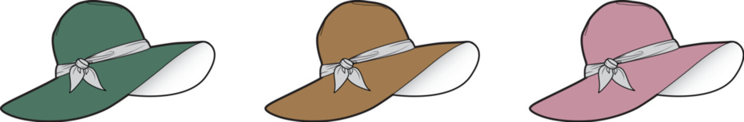 Set of Colorful Sun Hats with Bows and Ribbons in Green, Brown, and Pink for Fashion