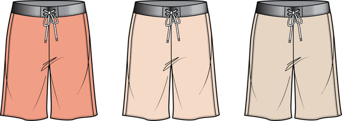 Set of Three Different Color Board Shorts Flat Vector Illustration Isolated on White Background