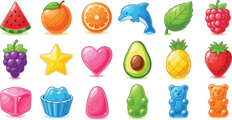 Vector Collection of Glossy Candy and Fruit Icons: Featuring Gummy Bears, Watermelon, Orange, Pineapple, Avocado, Star, and Heart Shapes, Ideal for Sweet and Game Designs