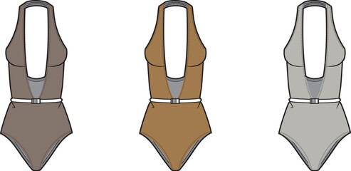 Swimsuit Fashion Design Illustration Collection of One-Piece Swimsuits in Various Colors and Styles