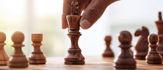 The King chess piece moved by hand on a wooden board in strategic play