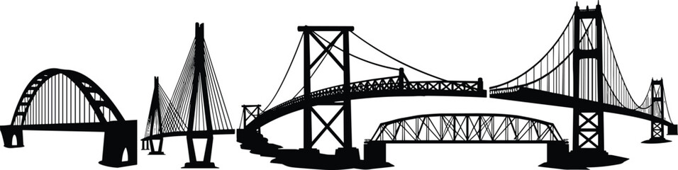 Bridge silhouettes collection, tied-arch, cable-stayed, cantilever, truss, suspension, engineering structures, black vector icons, construction, architecture, infrastructure, transportation