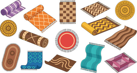 Vector Illustration Set of Diverse Area Rugs and Carpets: Featuring Rolled, Round, and Rectangular Floor Mats with Fringe and Geometric Patterns for Home Decor and Interior Design