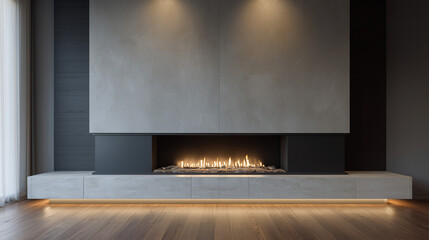 Modern minimalist fireplace built into elegant concrete wall, warm ambient lighting creating cozy luxury interior atmosphere ideal for architecture, home design and premium lifestyle imagery