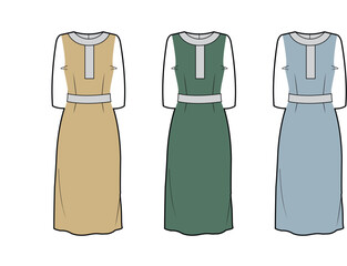 Fashion illustration of three different colored long dresses featuring contrasting sleeves and necklines with waist belts