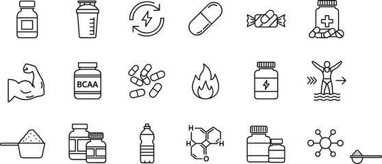 A diverse vector line icon set representing sports nutrition, supplements, muscle building, fitness, energy, vitamins, and health products for athletic training and wellness. © Mst