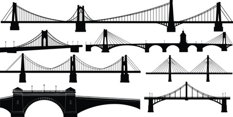 Bridge silhouettes, suspension bridge, arch bridge, cable-stayed bridge, truss bridge, civil engineering, architecture, infrastructure, black vector illustration, design elements