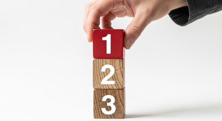 Hand stacking numbered blocks one two three on white, building steps to success and learning, symbolizing progress with vibrant colors