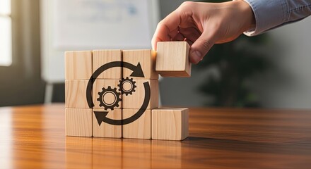 Building a successful business process with gears and arrows using wooden blocks, symbolizing workflow efficiency and continuous improvement in operations