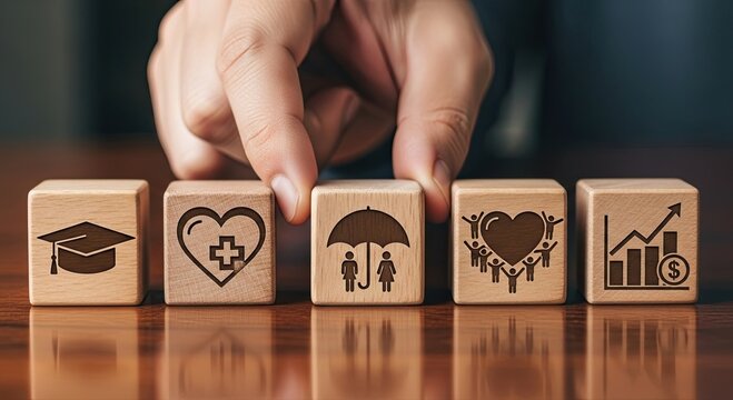 Secure Your Future Now Education, Health, Family, and Financial Growth Represented by Wooden Blocks for a Safe and Prosperous Life
