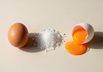 Fresh brown egg, pile of salt, and cracked egg with yolk spilling out for breakfast or cooking concepts on a neutral backdrop, kitchen ingredients