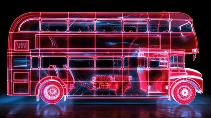 London double-decker bus as an intricate x-ray schematic, transparent body made of thin red lines, with the engine and dual levels detailed by white dot pointillism. Volumetric light