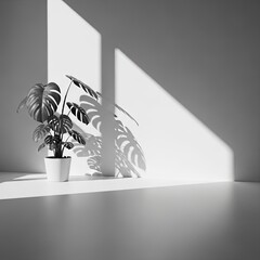 Modern monstera plant casting shadows in a bright white room, minimalist aesthetic, interior design inspiration, serene atmosphere, peaceful home decor