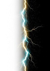 Dramatic lightning strike with vibrant blue and gold energy against stark black and white contrast, perfect for impactful designs and powerful visual statements