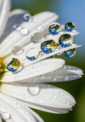Stunning close-up of daisy petals adorned with glistening water droplets reflecting a vibrant blue sky and flower, symbolizing purity and renewal