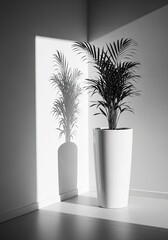 Modern indoor palm casts elegant shadows in sleek white pot, bringing a touch of nature and tranquility to minimalist home decor, a breath of fresh air