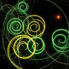 Stunning cosmic spirals in vibrant green and gold against a star-filled night sky, perfect for adding a touch of magic to your next creative project