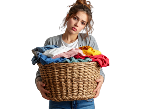 Stressed Woman with Messy Hair Holding Overflowing Laundry Basket, Front View, Isolated on Transparent Background