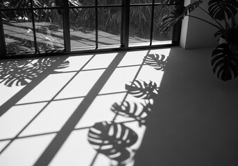 Elegant monstera plant shadows dancing on stark white wall through modern window, creating a calming, minimalist vibe for home decor and interior design