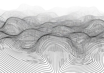 Dynamic wireframe landscape with undulating hills, perfect for tech backgrounds or abstract designs, adding depth and visual interest to your project