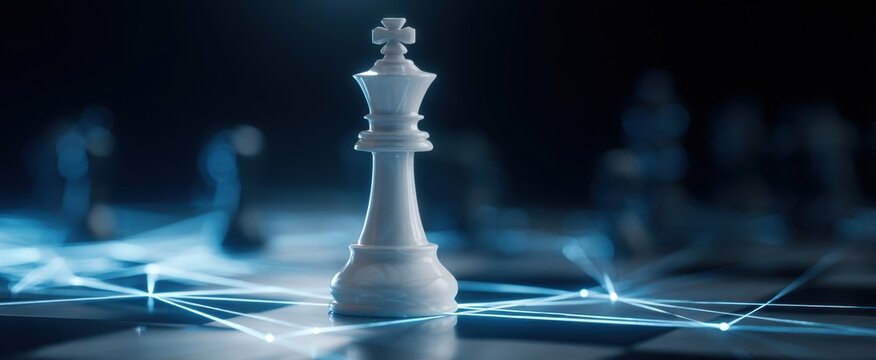 The King Chess Piece Illuminated on a Futuristic Networked Chessboard with Digital Connections