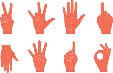 Distressed Coral Vector Set of Hand Gestures: Featuring Counting, Pointing, OK Sign, and Peace Sign Poses with a Textured, Grunge, or Stencil Effect.