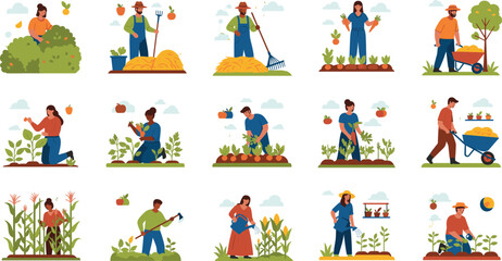 Vector Set of People Working in the Garden and Farm: Flat Illustrations of Diverse Farmers Planting, Watering, Raking, and Harvesting Fruits and Vegetables for Agriculture and Gardening Themes