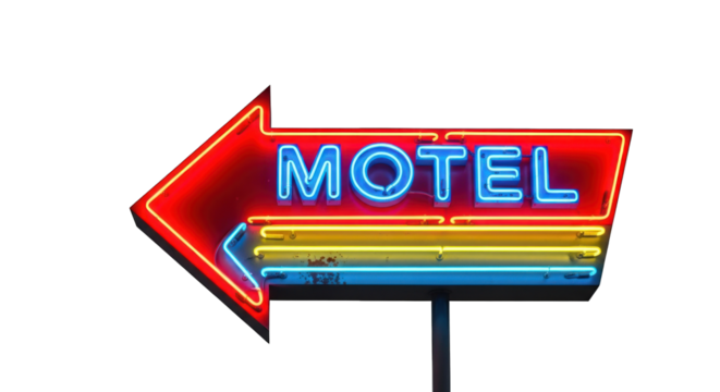 Neon Motel Sign Pointing Left: A Retro Travel Icon.