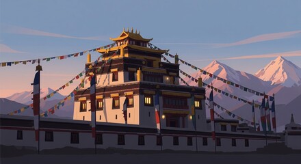 Fototapeta premium Ladakh Monastery at Golden Twilight. Scenic Festive Landscape.