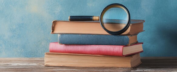 The Books Stacked with a Magnifying Glass on a Rustic Wooden Table