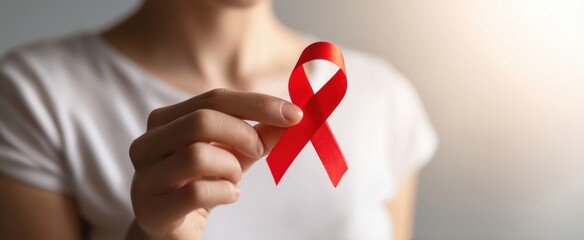 The Red Ribbon Held in Hand Symbolizing AIDS Awareness and Support