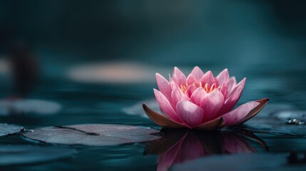 Delicate pink lotus flower blooming on serene water surface with soft reflections and lush green lily pads in tranquil environment