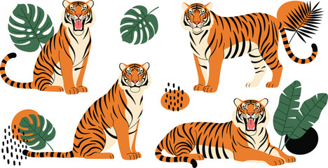Vector Illustration Set of Wild Tigers in Dynamic Poses: Featuring Tropical Leaves and Abstract Shapes, Ideal for Jungle, Safari, Asian Wildlife, and Modern Nature Designs