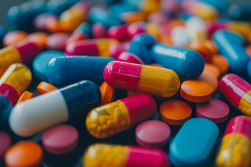 Many different pills and capsules close-up, the concept of medicine
