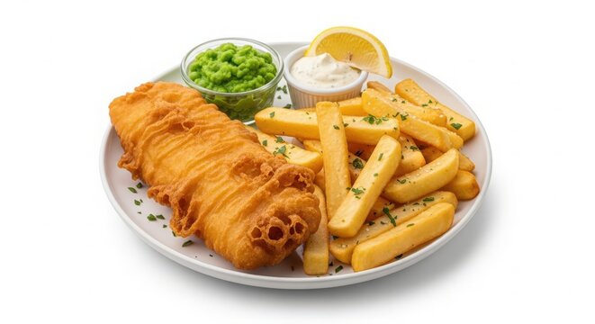 Classic british fish and chips with mushy peas and tartar sauce - Powered by Adobe