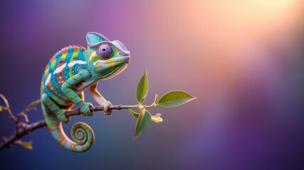 Vibrant chameleon perches on branch with colorful skin patterns