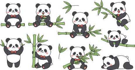 Large Cute Baby Panda Vector Set: Adorable Cartoon Bear Characters Sitting, Eating Bamboo, Sleeping, and Playing, Ideal for Childish Designs and Wildlife Themes