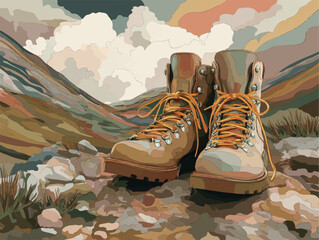 Hiking boots in a mountain landscape with orange laces vector illustration