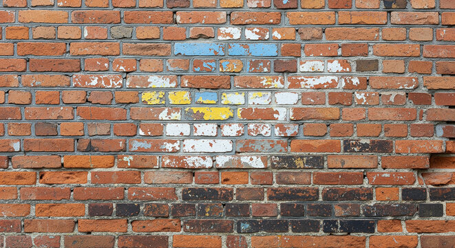 Old brick wall with peeling white blue yellow paint texture