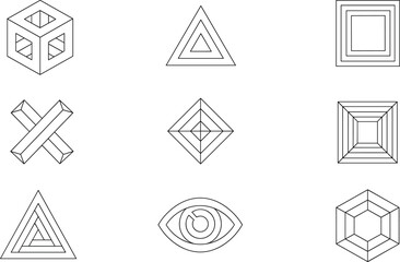 Minimalist Geometric Line Art Icon Set: Featuring Abstract Shapes, Impossible Figures, Optical Illusions, and Mystical Symbols like Concentric Triangles and the All-Seeing Eye