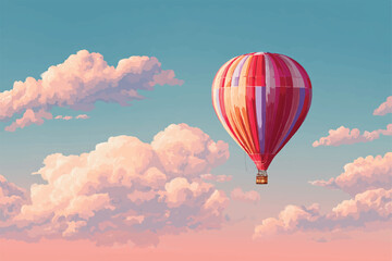 Fototapeta premium Hot air balloon flying in a pastel sunset sky illustration