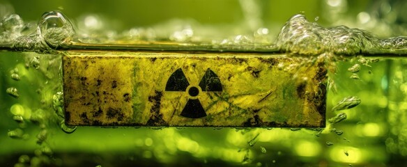 The radioactive barrel submerged in glowing green contaminated water with bubbling surface